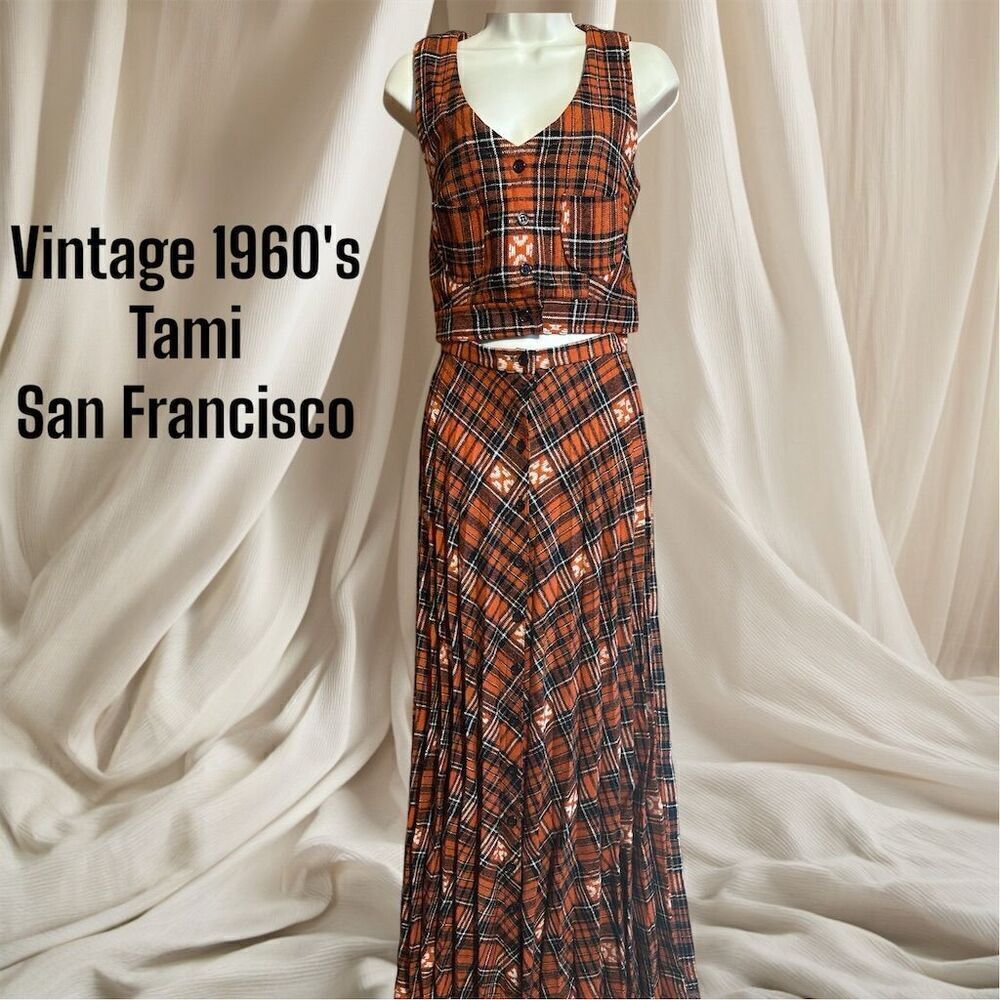 Tami Original San Francisco Vintage 1960's 2 Piece Red Plaid Maxi Skirt Vest Set
